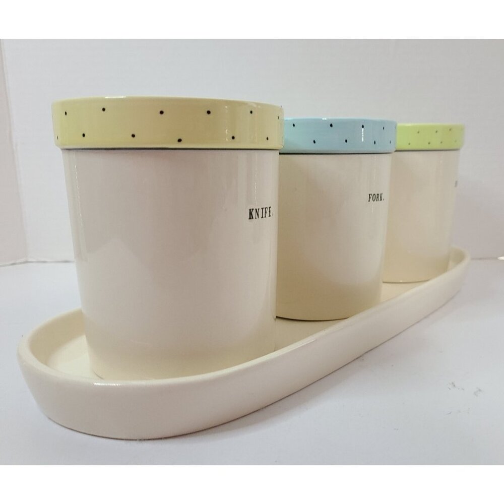 Rae Dunn 4pc Polka Dot Fork Knife Spoon Utensil Jars & Platter Blue Green Yellow - Picture 3 of 15